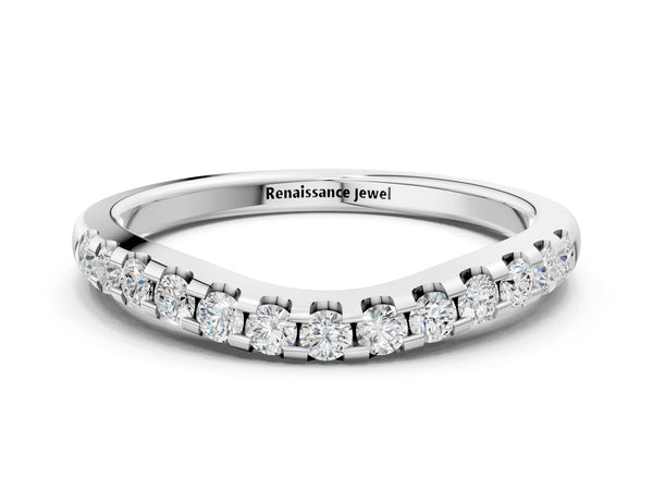 White gold Curved Diamond Half Eternity Band with Round Cut Stones in Pavé Setting