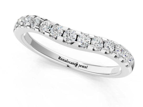 White gold Curved Diamond Half Eternity Band with Round Cut Stones in Pavé Setting