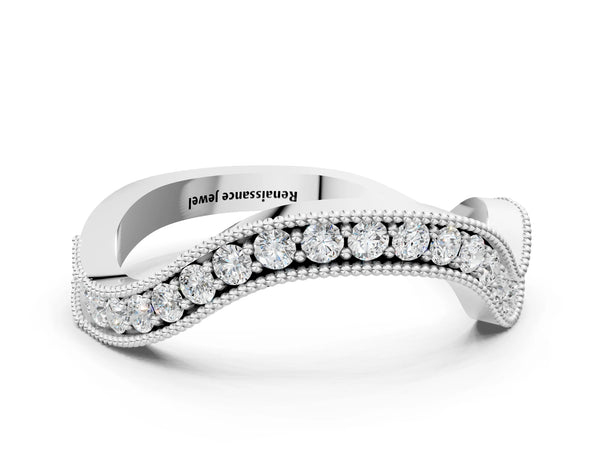 White gold Curved Milgrain Round Diamond Pavé Wedding Band
