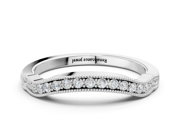 White gold Curved Pavé Diamond Milgrain Band with Round Brilliant Stones