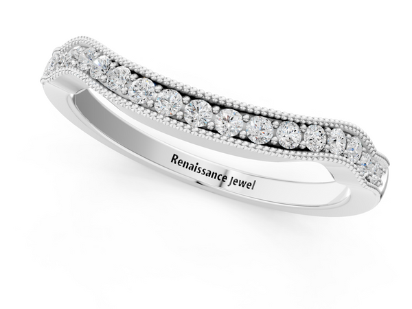Platinum Curved Pavé Diamond Milgrain Band with Round Brilliant Stones