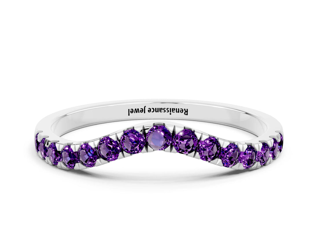 White gold Curved Pavé Round Amethyst Wedding Band with Shared Prong Setting_6