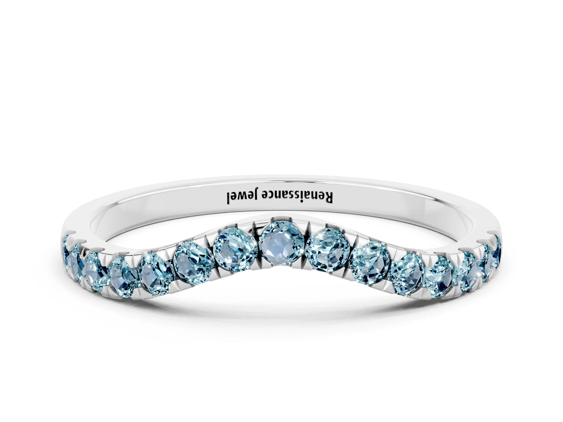 10K White Gold Curved Pavé Round Aquamarine Wedding Band with Shared Prong Setting