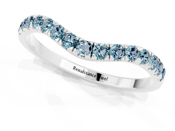 10K White Gold Curved Pavé Round Aquamarine Wedding Band with Shared Prong Setting