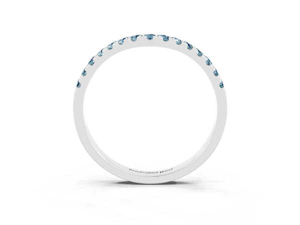 10K White Gold Curved Pavé Round Aquamarine Wedding Band with Shared Prong Setting