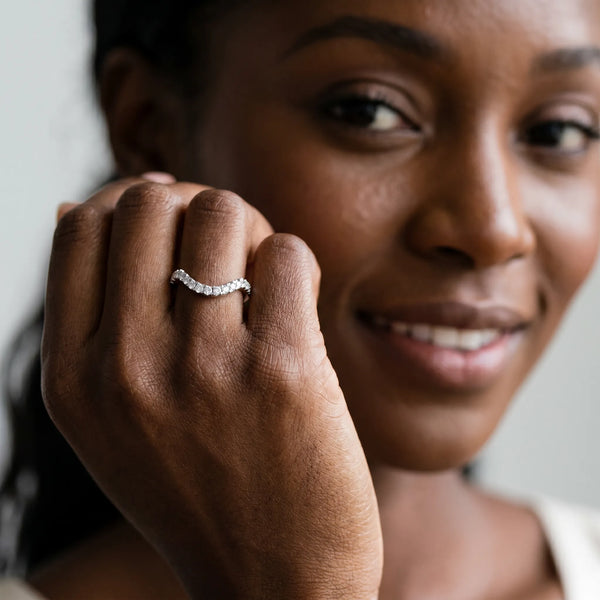 White gold Curved Pavé Round Diamond Eternity Band with Shared Prong Setting