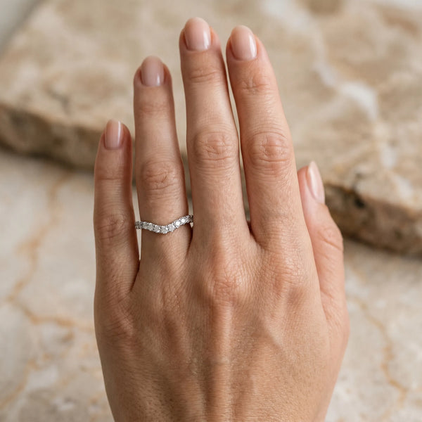 White gold Curved Pavé Round Diamond Wedding Band with Shared Prong Setting