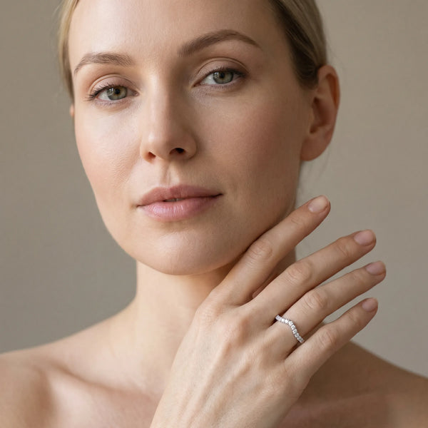 White gold Curved Pavé Round Diamond Wedding Band with Shared Prong Setting