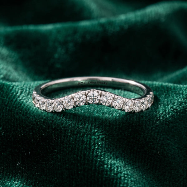 White gold Curved Pavé Round Diamond Wedding Band with Shared Prong Setting