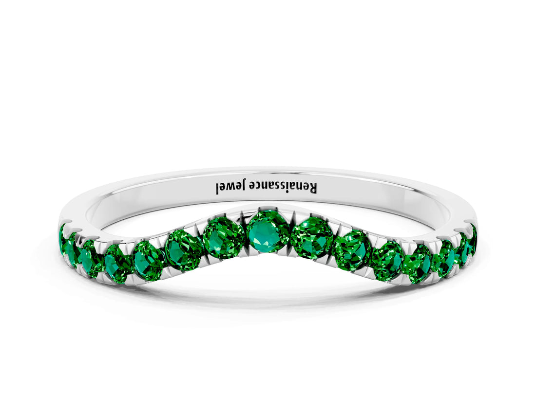 White gold Curved Pavé Round Emerald Wedding Band with Shared Prong Setting_6