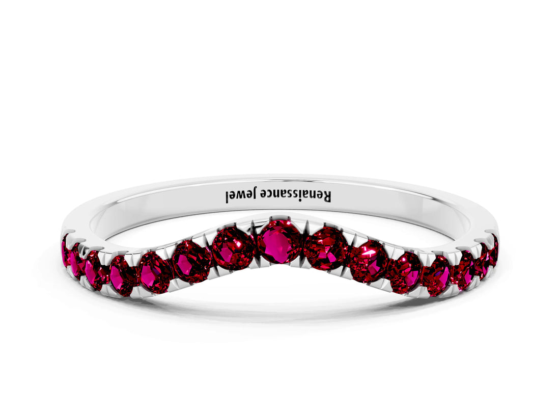 White gold Curved Pavé Round Garnet Wedding Band with Shared Prong Setting_6