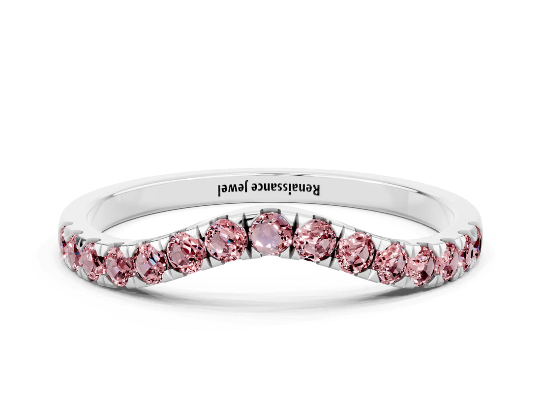 White gold Curved Pavé Round Morganite Wedding Band with Shared Prong Setting_6