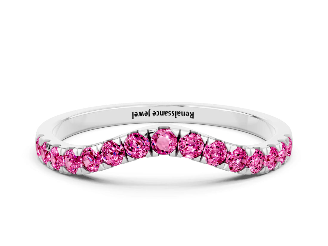 White gold Curved Pavé Round Pink Sapphire Wedding Band with Shared Prong Setting_18