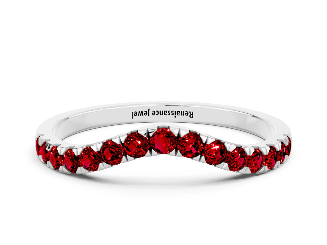 White gold Curved Pavé Round Ruby Wedding Band with Shared Prong Setting_6