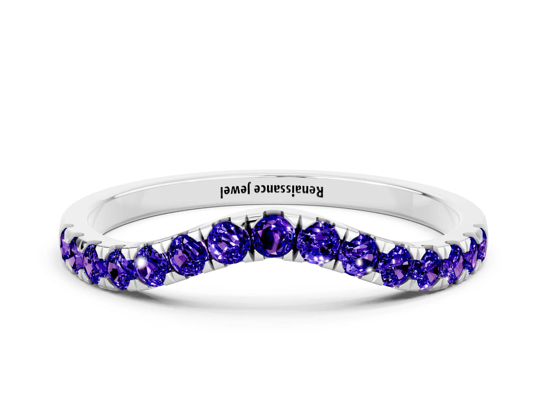 White gold Curved Pavé Round Tanzanite Wedding Band with Shared Prong Setting_6