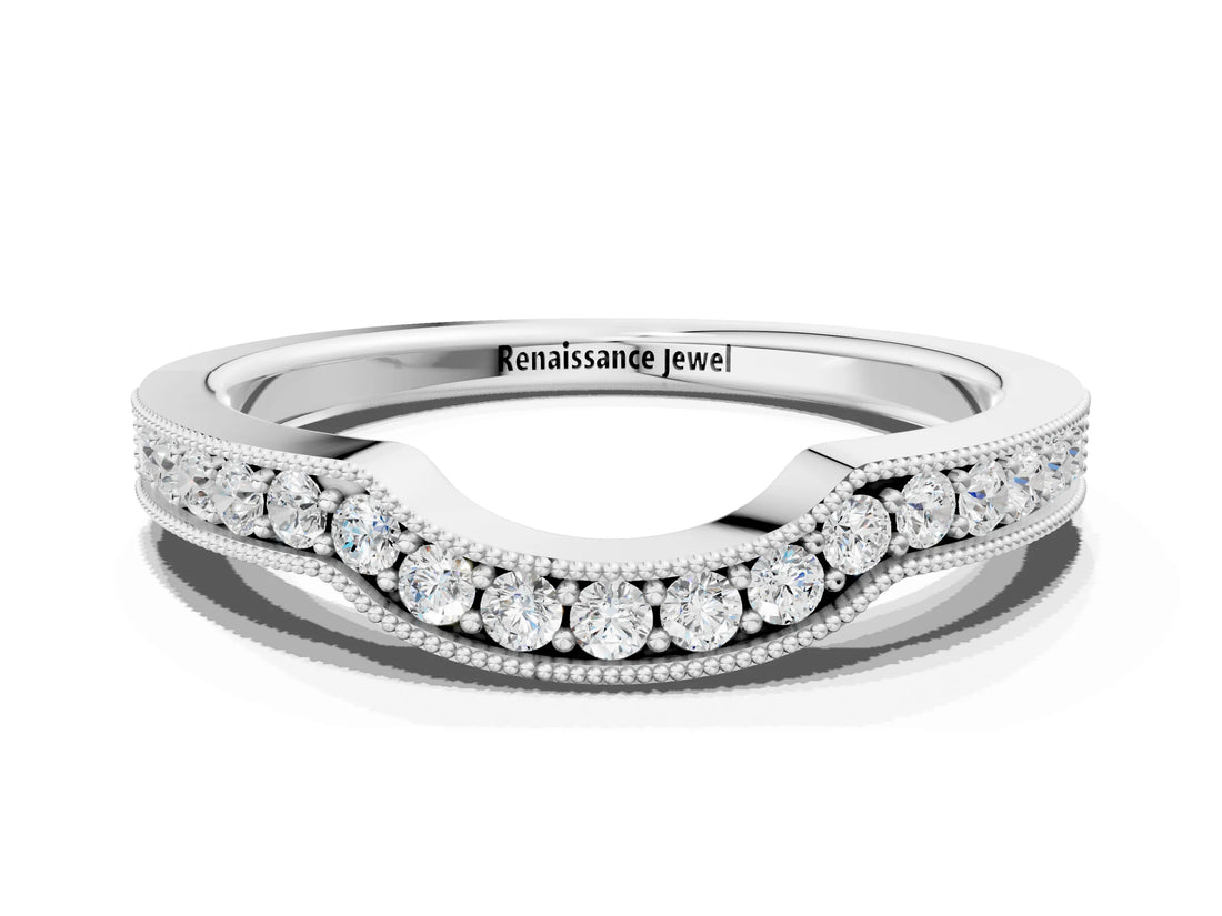 White gold Curved Round Diamond Band with Milgrain Pavé Setting_12
