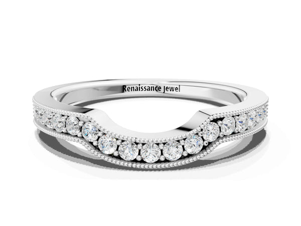 White gold Curved Round Diamond Band with Milgrain Pavé Setting
