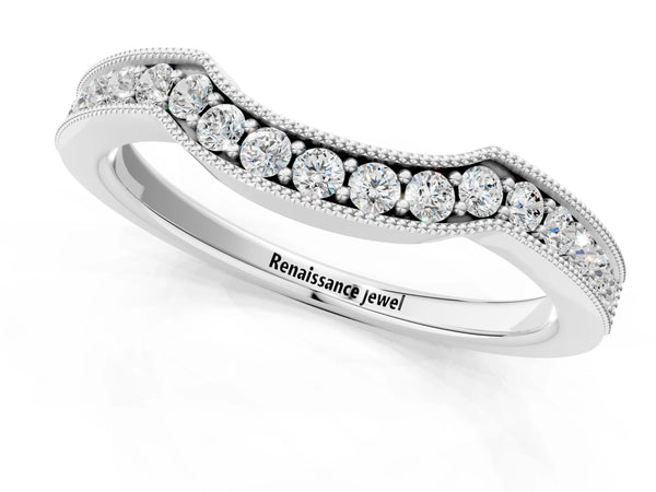 White gold Curved Round Diamond Band with Milgrain Pavé Setting