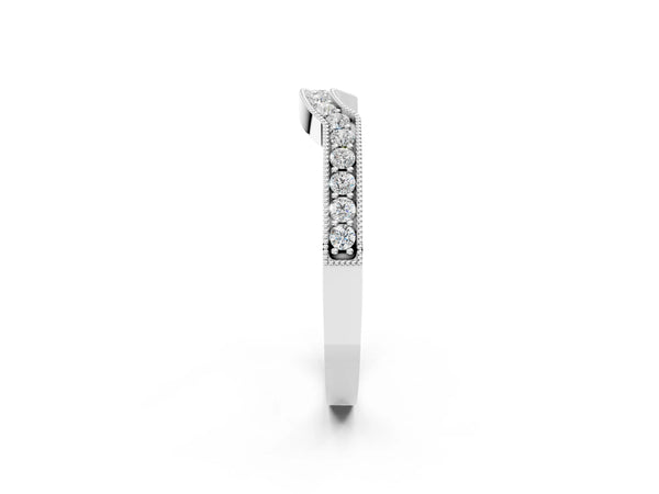 White gold Curved Round Diamond Band with Milgrain Pavé Setting