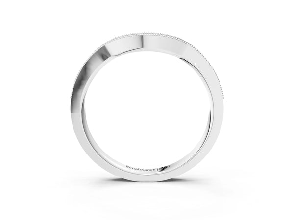 White gold Curved Round Diamond Band with Milgrain Pavé Setting