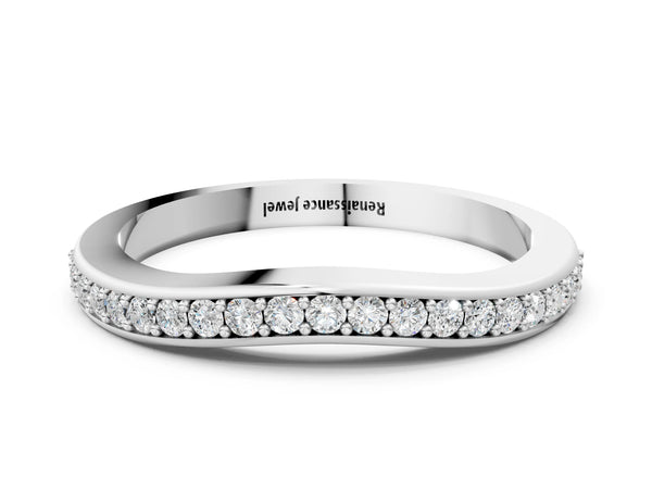 White gold Curved Round Diamond Band with Pavé Setting