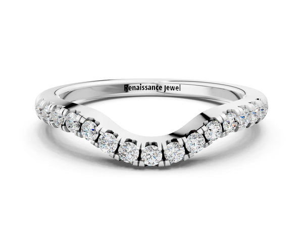 Platinum Curved Round Diamond Wedding Band with Pavé Setting and Shared Prong