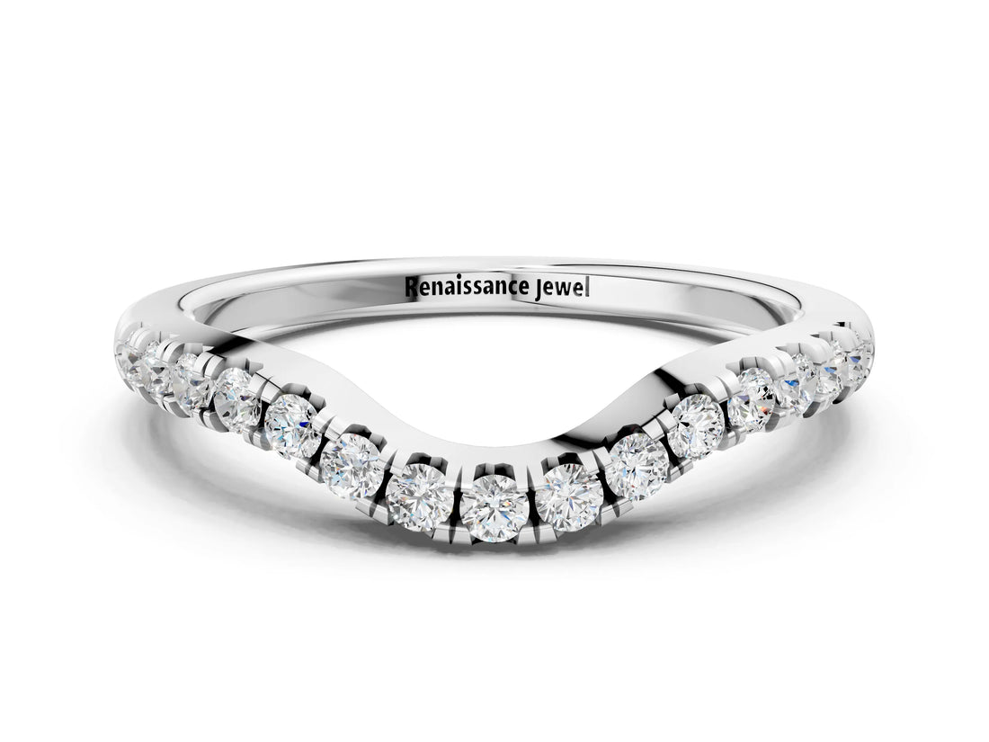 White gold Curved Round Diamond Wedding Band with Pavé Setting and Shared Prong_12