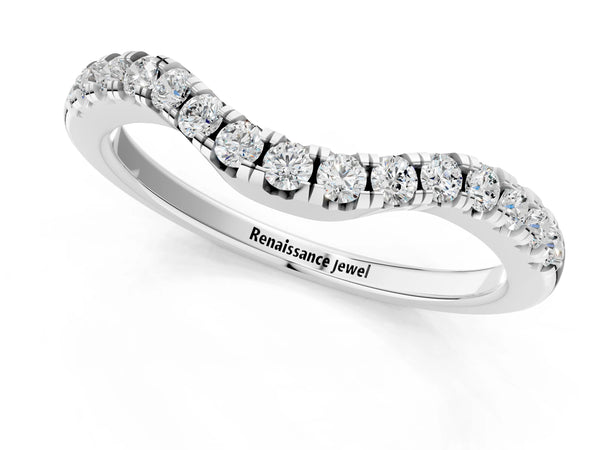 White gold Curved Round Diamond Wedding Band with Pavé Setting and Shared Prong