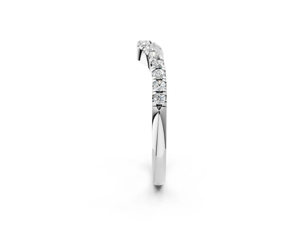 White gold Curved Round Diamond Wedding Band with Pavé Setting and Shared Prong