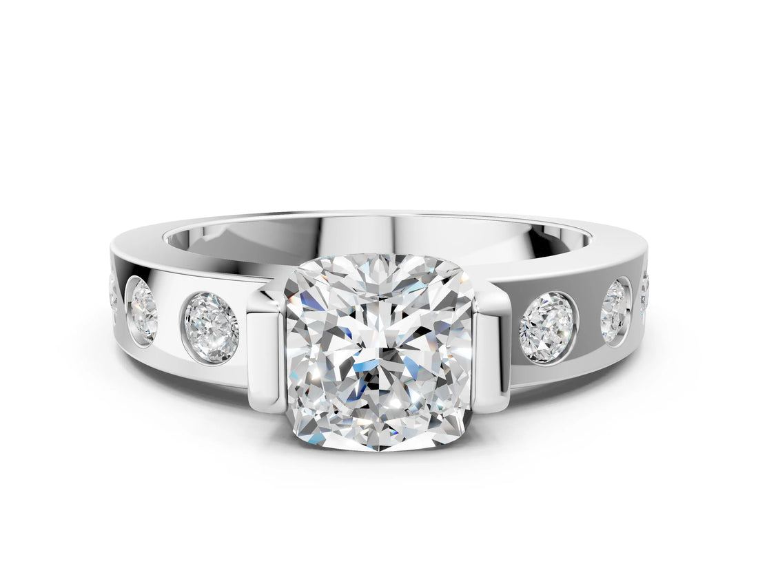 White gold Cushion Brilliant Channel-Set Diamond Ring with Bezel Prong Setting_18