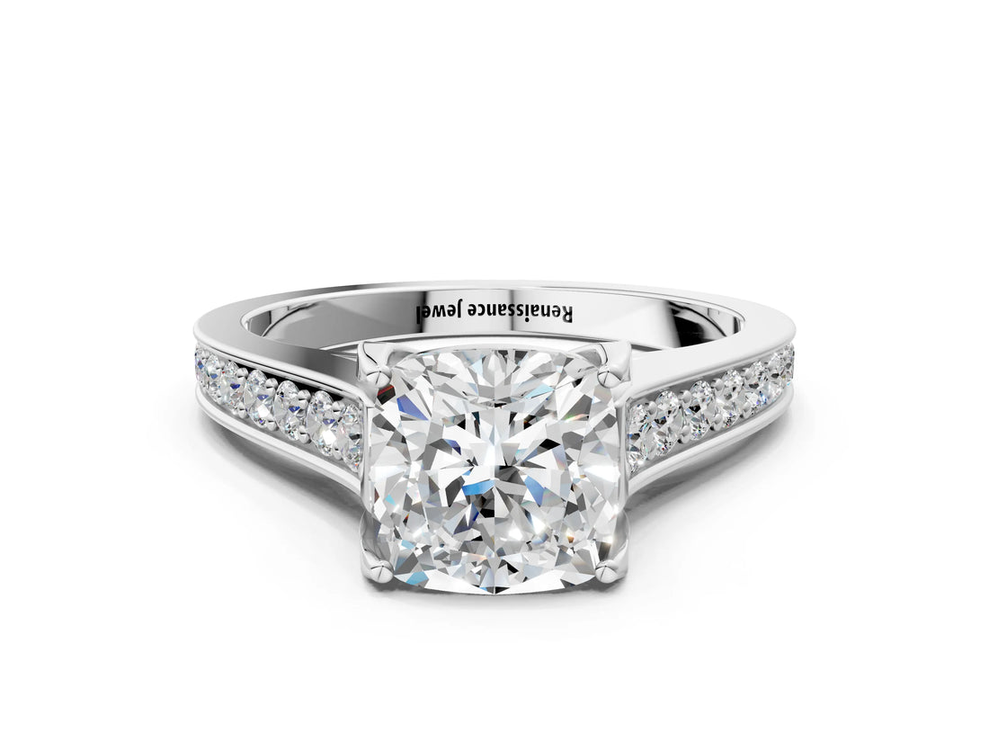 White gold Cushion Brilliant Cut Diamond Engagement Ring with Pavé Band and Four-Prong Setting_82