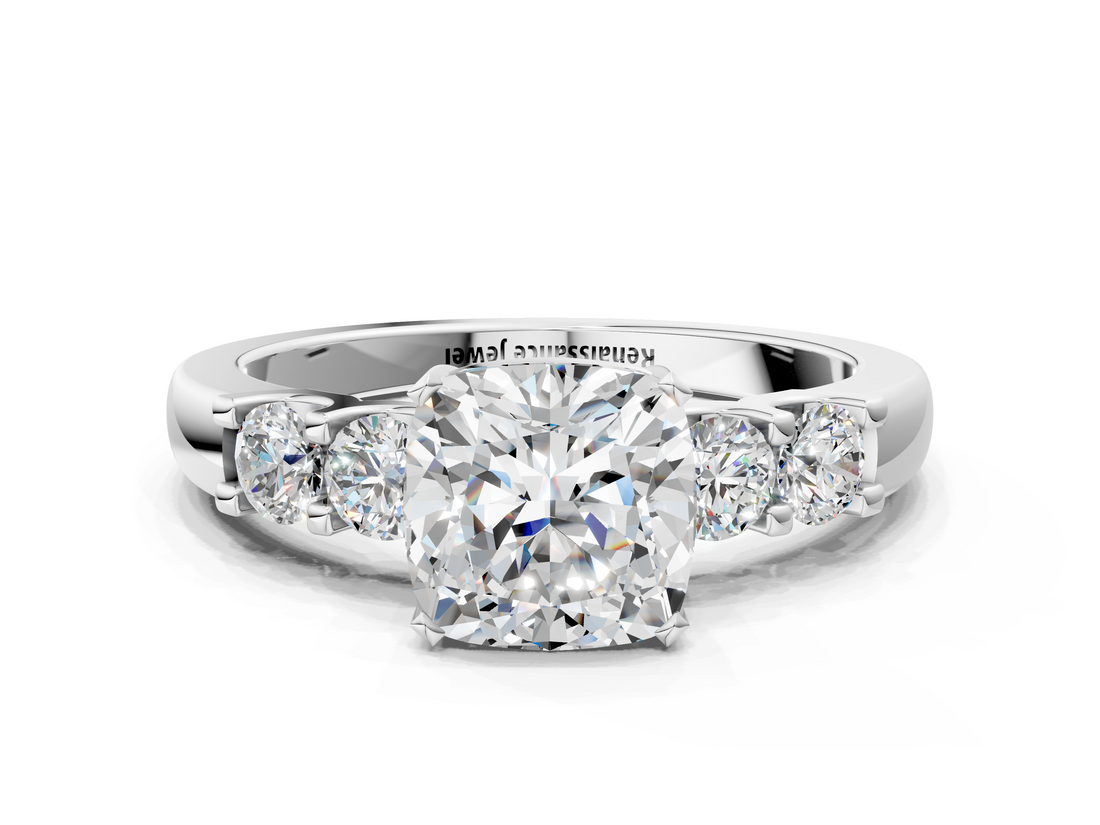 White gold Cushion Brilliant Cut Diamond Five-Stone Prong Set Engagement Ring with Channel Band_21
