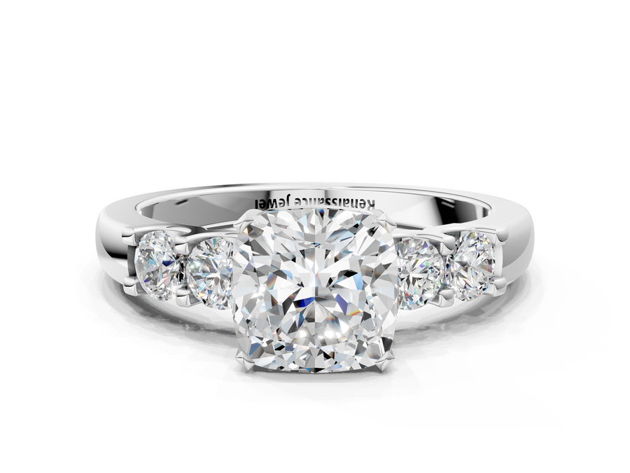 White gold Cushion Brilliant Cut Diamond Five-Stone Prong Set Engagement Ring with Channel Band