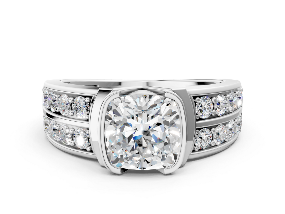 White gold Cushion Brilliant Diamond Channel Set Wide Band Ring with Bezel Setting_56