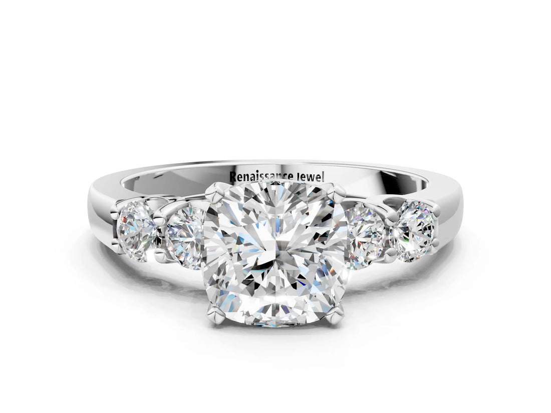 White gold Cushion Brilliant Diamond Five-Stone Engagement Ring with Prong Setting on a Classic Band_39