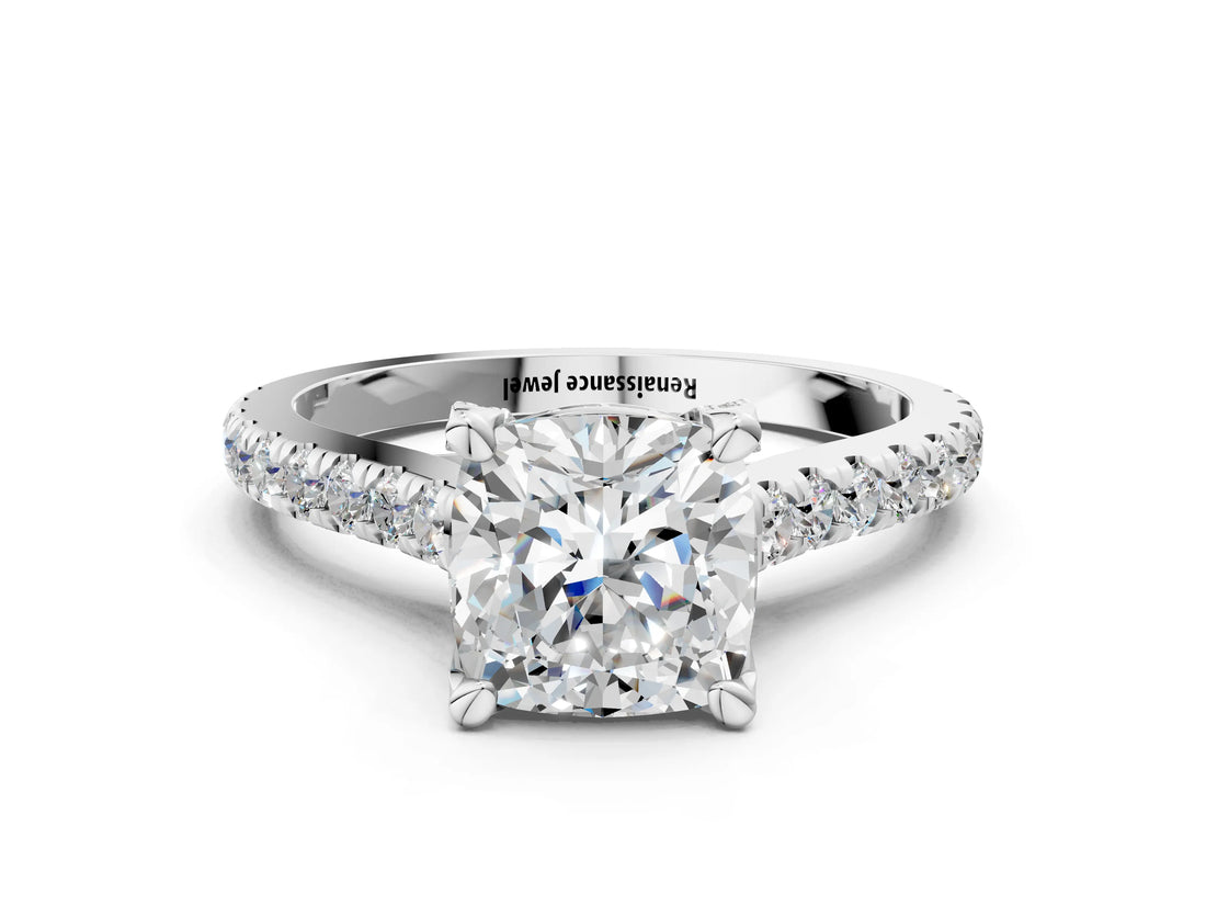 White gold Cushion Brilliant Diamond Solitaire with Pavé Band and Four-Prong Setting