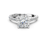 White gold Cushion Brilliant Diamond Solitaire with Pavé Band and Four-Prong Setting