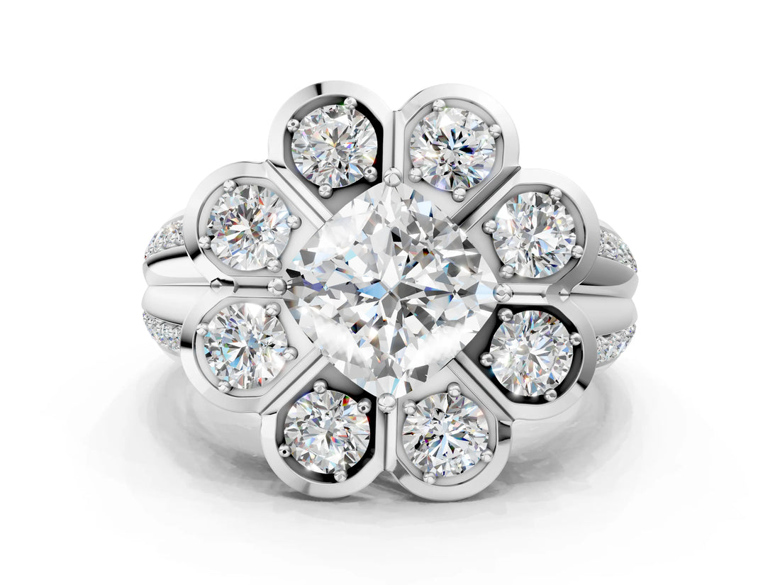 White gold Cushion Brilliant Flower Halo Diamond Split Shank Ring_87