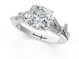 White gold Cushion Brilliant Solitaire with Leaf Motif Band and Four-Prong Setting_67