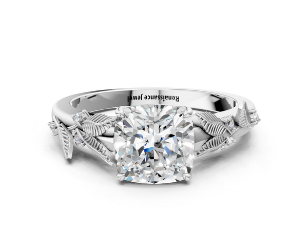 White gold Cushion Cut Diamond Solitaire Ring with Leaf Motif Band and Four-Prong Setting