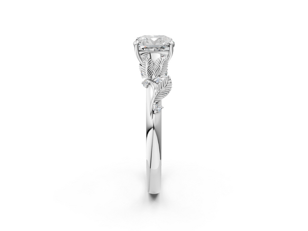 White gold Cushion Cut Diamond Solitaire Ring with Leaf Motif Band and Four-Prong Setting