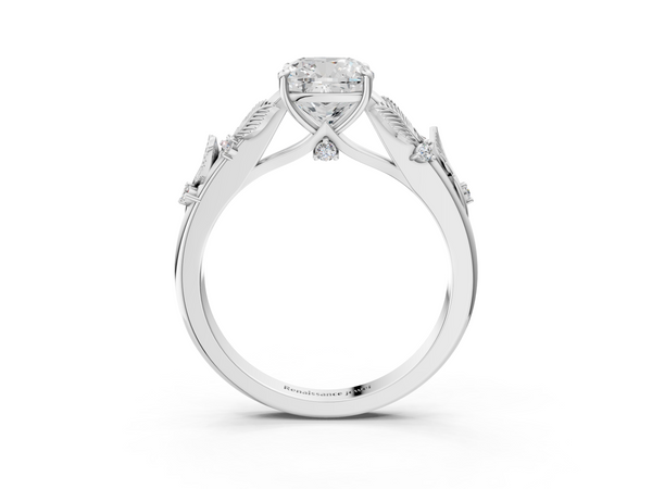 White gold Cushion Cut Diamond Solitaire Ring with Leaf Motif Band and Four-Prong Setting