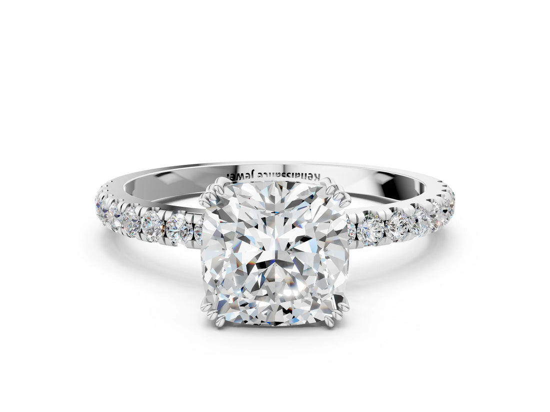 White gold Cushion Brilliant Solitaire with Pavé Band and Claw Prong Setting_7