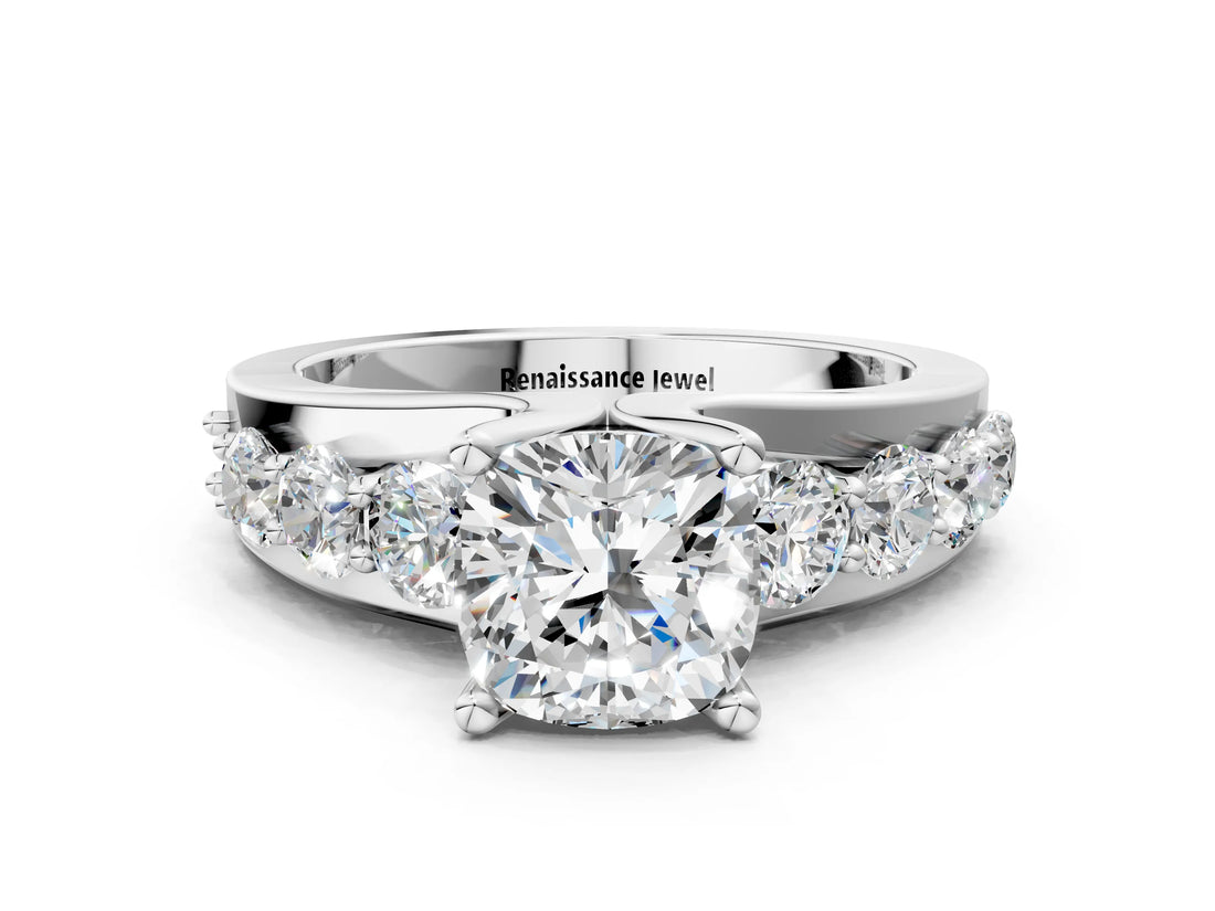 White gold Cushion Brilliant Solitaire with Side Stones on a Pave Band and Four-Prong Setting_92