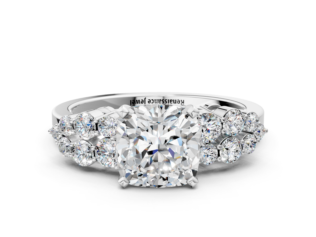 White gold Cushion Cluster Diamond Engagement Ring with Pavé Band and Four-Prong Setting_51