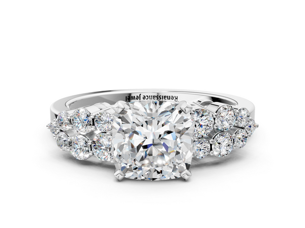 White gold Cushion Cluster Diamond Engagement Ring with Pavé Band and Four-Prong Setting