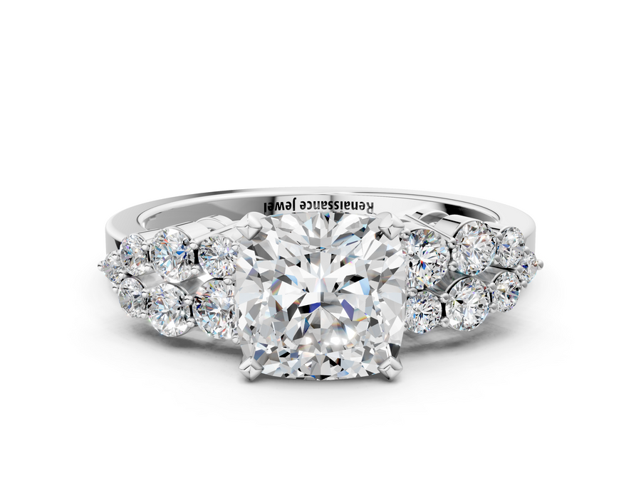 White gold Cushion Cluster Diamond Engagement Ring with Pavé Band and Four-Prong Setting