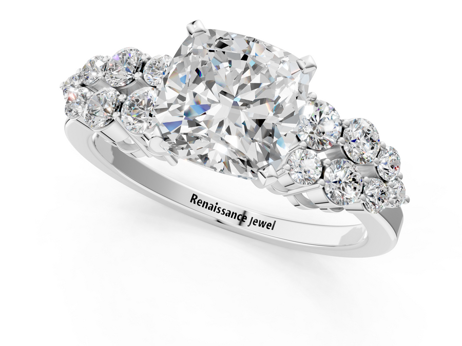 White gold Cushion Cluster Diamond Engagement Ring with Pavé Band and Four-Prong Setting