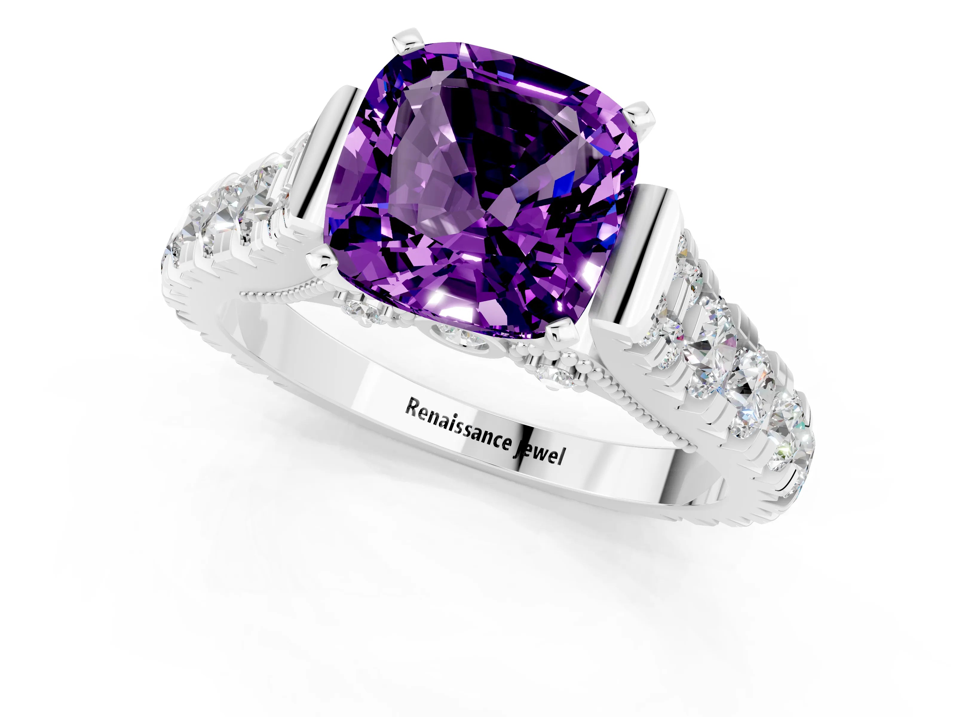 White gold Cushion Cut Amethyst Classic Solitaire Ring with Pavé Band and Four-Prong Setting_1