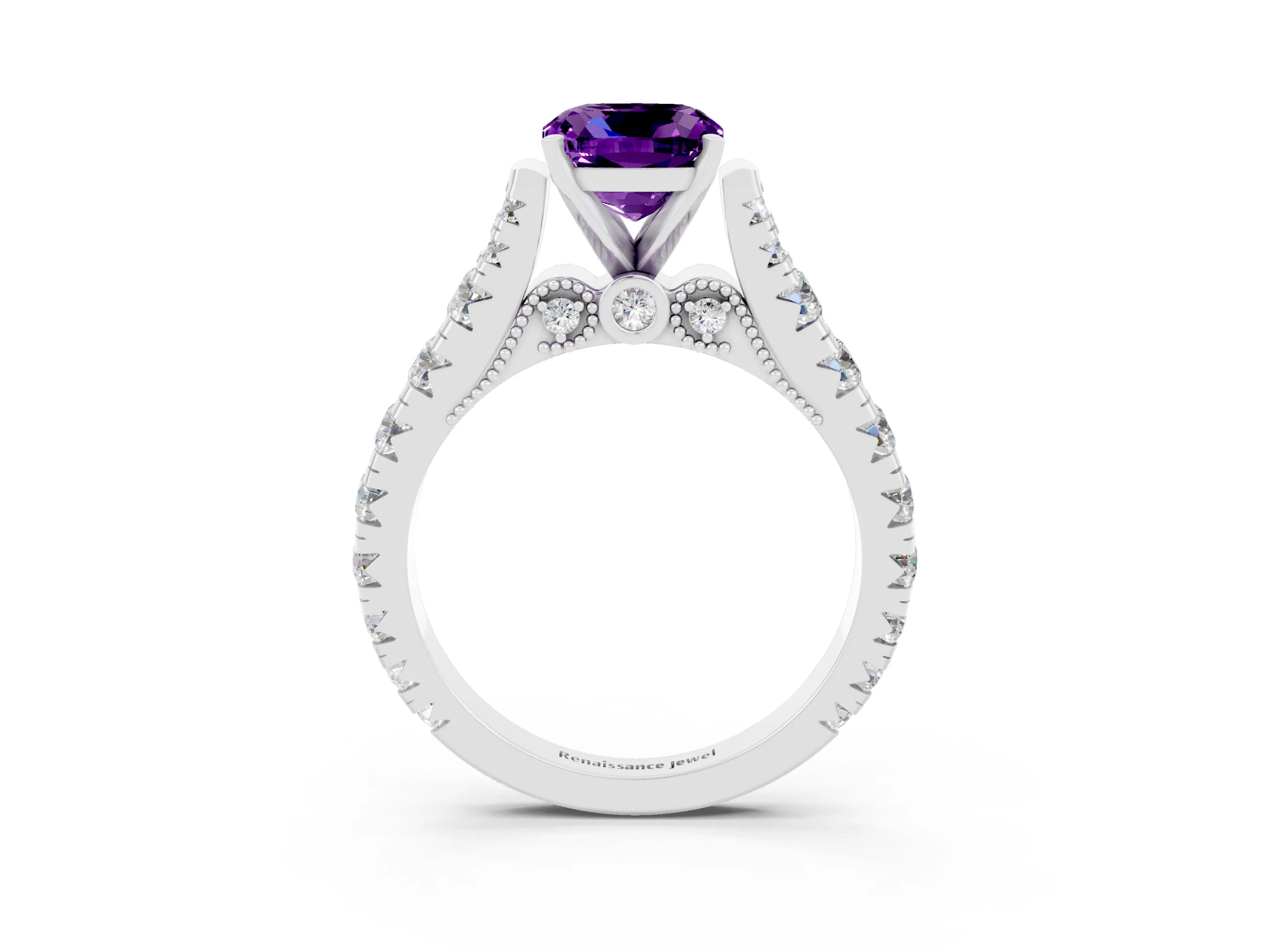 White gold Cushion Cut Amethyst Classic Solitaire Ring with Pavé Band and Four-Prong Setting_3